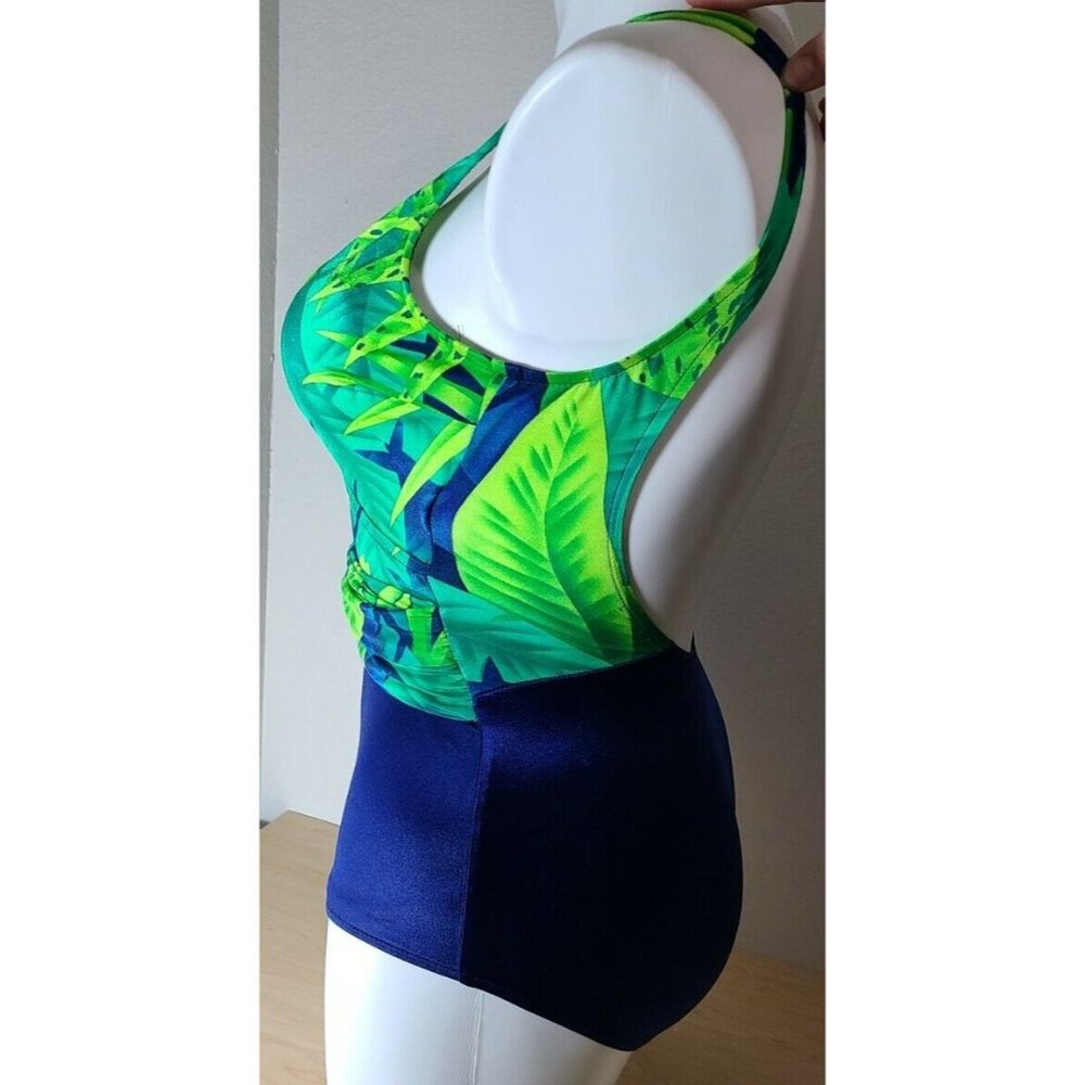 Vtg Jantzen Womens V Neck Faux Wrap One Piece Swimsuit Green/Blue Tropical Sz 10 - Picture 6 of 12